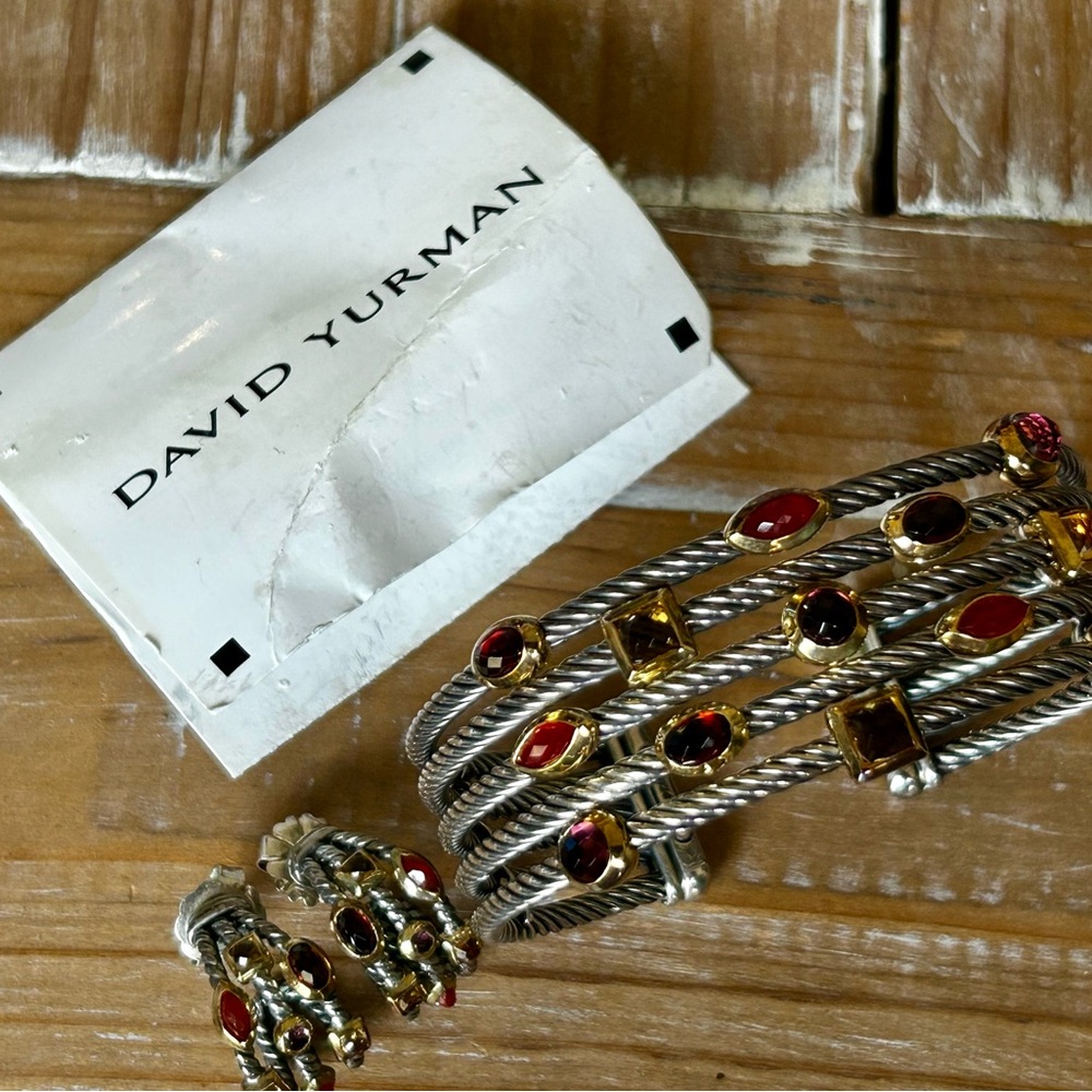 David Yurman Silver and Gold Bracelet Set with Red Accents
